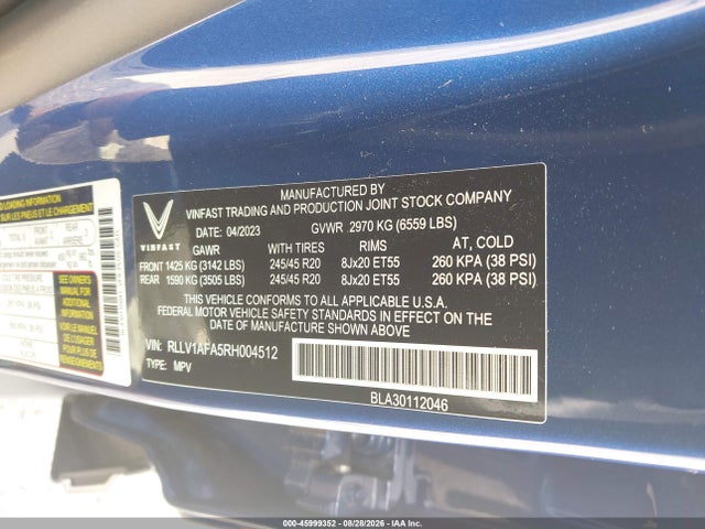 Продажа на аукционе авто 2024 Vinfast Vf 8 Plus, vin: RLLV1AFA5RH004512, номер лота: 45999352