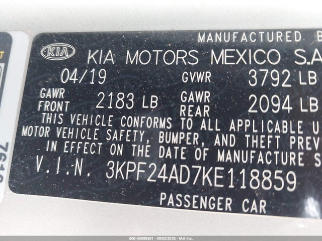 Aukcja sprzedaży 2019 Kia Forte Lxs, vin: 3KPF24AD7KE118859, numer aukcji: 45999361