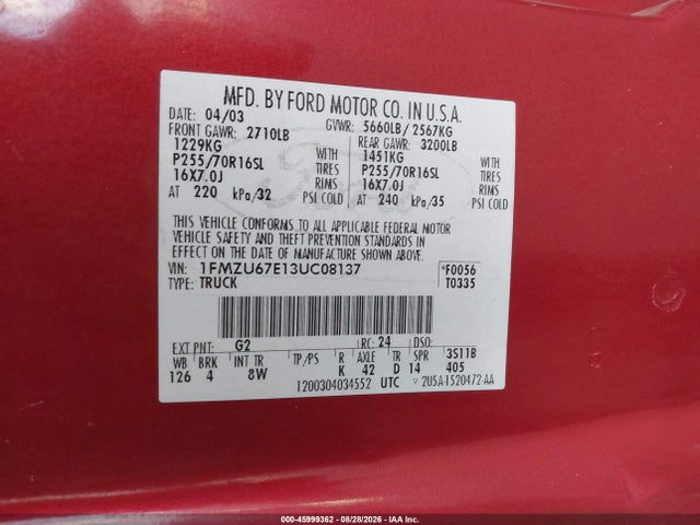 Продажа на аукционе авто 2003 Ford Explorer Sport Trac Xls/xlt, vin: 1FMZU67E13UC08137, номер лота: 45999362