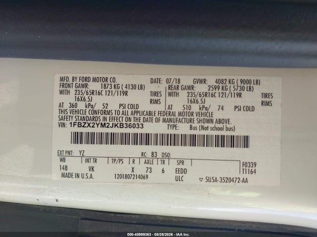 45999363 :رقم المزاد ، 1FBZX2YM2JKB36033 vin ، 2018 Ford Transit-350 Xl مزاد بيع
