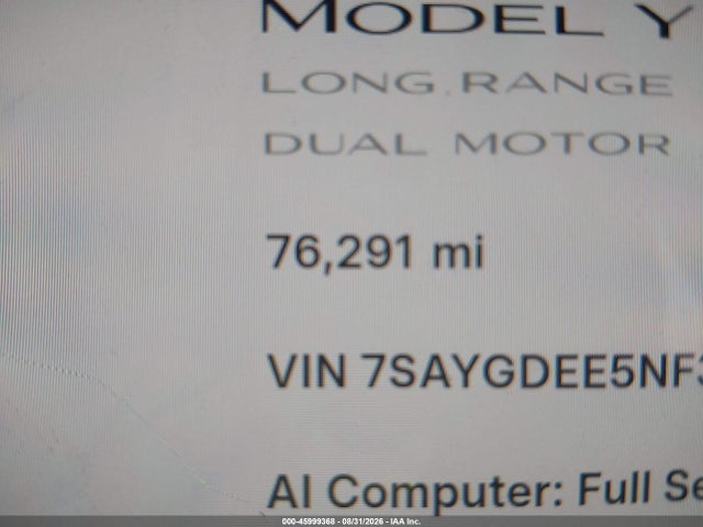 7SAYGDEE5NF336426 Tesla Model Y Long Range Dual Motor All-wheel Drive