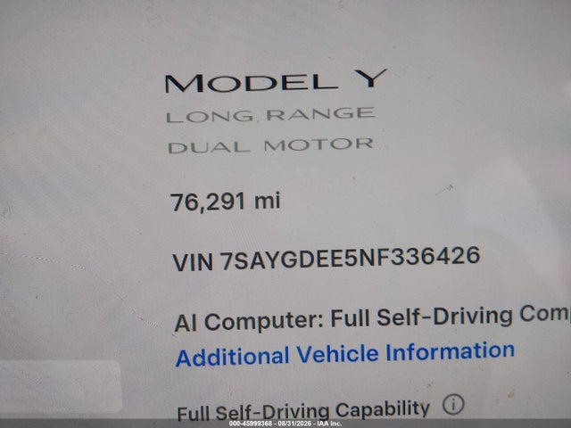7SAYGDEE5NF336426 Tesla Model Y Long Range Dual Motor All-wheel Drive