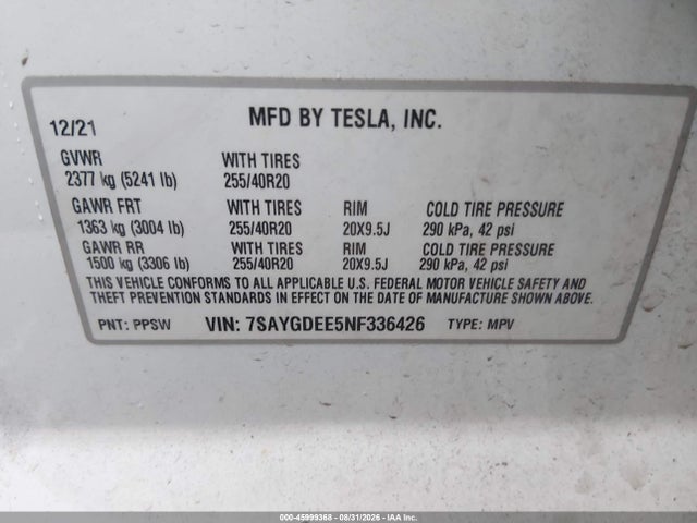 7SAYGDEE5NF336426 Tesla Model Y Long Range Dual Motor All-wheel Drive