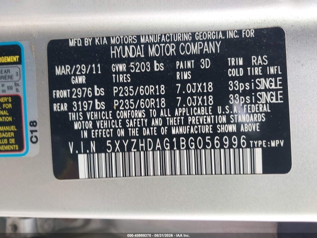 Aukcja sprzedaży 2011 Hyundai Santa Fe Se, vin: 5XYZHDAG1BG056996, numer aukcji: 45999370