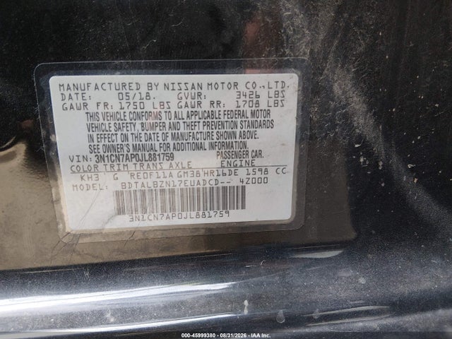 45999380 :رقم المزاد ، 3N1CN7AP0JL881759 vin ، 2018 Nissan Versa 1.6 Sv مزاد بيع