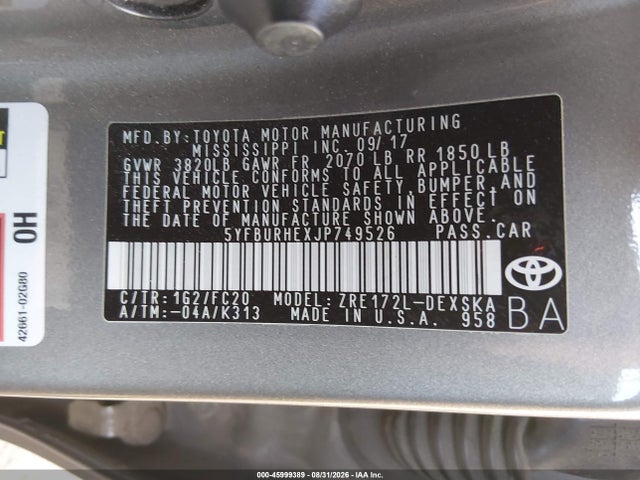 Продаж на аукціоні авто 2018 Toyota Corolla Se, vin: 5YFBURHEXJP749526, номер лоту: 45999389