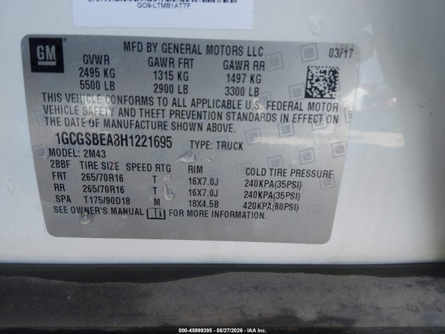 Продаж на аукціоні авто 2017 Chevrolet Colorado Wt, vin: 1GCGSBEA8H1221695, номер лоту: 45999395