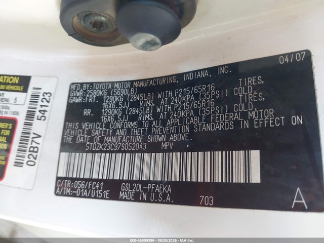 2007 Toyota Sienna Le მანქანა იყიდება აუქციონზე, vin: 5TDZK23C97S052043, აუქციონის ნომერი: 45999396