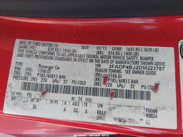 2013 Ford Fiesta Se მანქანა იყიდება აუქციონზე, vin: 3FADP4BJ2DM223787, აუქციონის ნომერი: 45999401