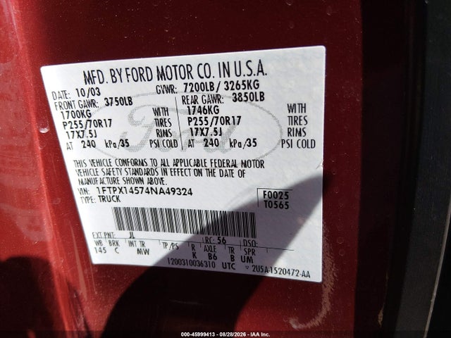 Aukcja sprzedaży 2004 Ford F-150 Fx4/lariat/xl/xlt, vin: 1FTPX14574NA49324, numer aukcji: 45999413