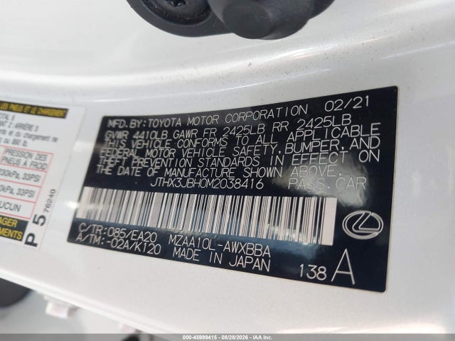 Aukcja sprzedaży 2021 Lexus Ux 200, vin: JTHX3JBH0M2038416, numer aukcji: 45999415