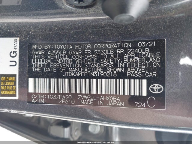 45999416 :رقم المزاد ، JTDKAMFP1M3190218 vin ، 2021 Toyota Prius Prime Xle مزاد بيع