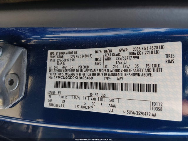 Ford ESCAPE SE 2019 1FMCU0GD0KUA05460 Image 9