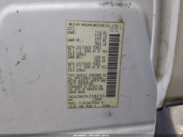 2015 Nissan Murano Platinum მანქანა იყიდება აუქციონზე, vin: 5N1AZ2MG2FN218235, აუქციონის ნომერი: 45999437