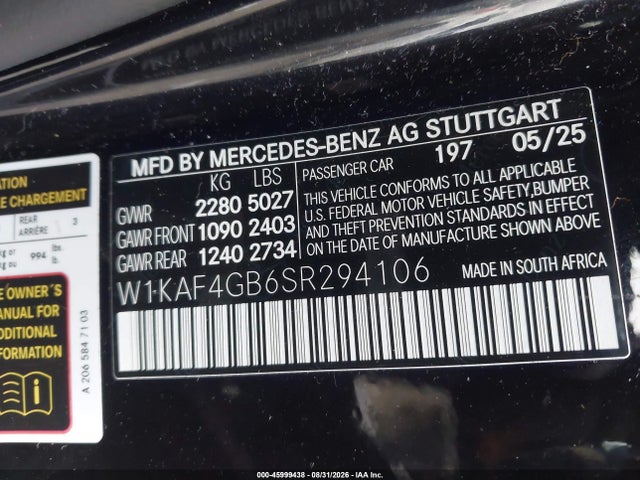 Aukcja sprzedaży 2025 Mercedes-benz C 300, vin: W1KAF4GB6SR294106, numer aukcji: 45999438
