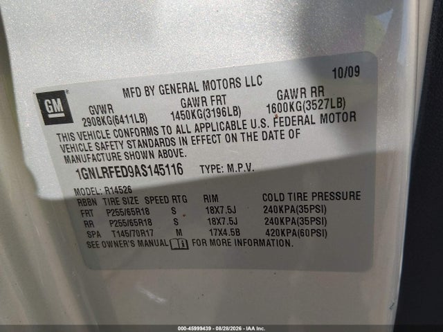 2010 Chevrolet Traverse Lt მანქანა იყიდება აუქციონზე, vin: 1GNLRFED9AS145116, აუქციონის ნომერი: 45999439