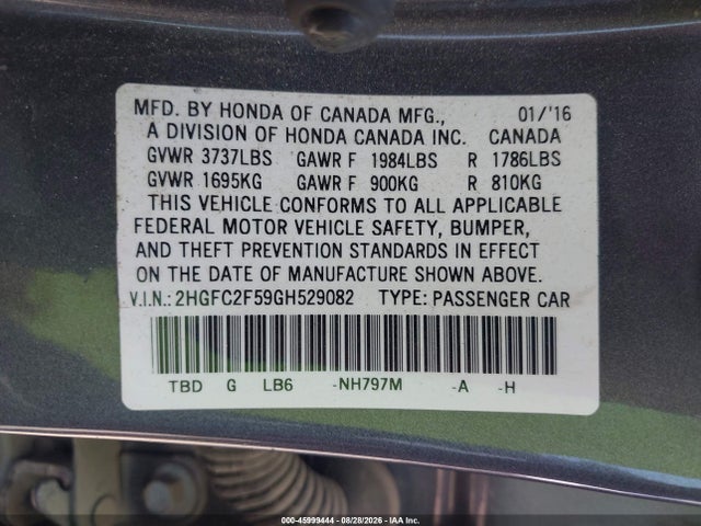 Aukcja sprzedaży 2016 Honda Civic Lx, vin: 2HGFC2F59GH529082, numer aukcji: 45999444