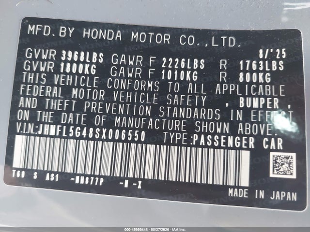 Aukcja sprzedaży 2025 Honda Civic Type R, vin: JHMFL5G48SX006550, numer aukcji: 45999448