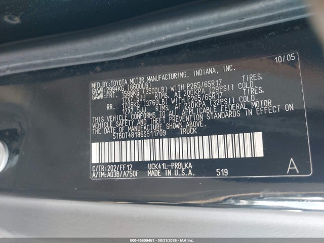 2006 Toyota Tundra Limited V8 მანქანა იყიდება აუქციონზე, vin: 5TBDT48186S511709, აუქციონის ნომერი: 45999451