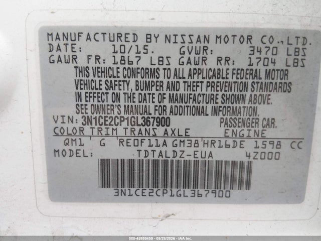3N1CE2CP1GL367900 Nissan Versa Note S (sr)/s Plus/sl/sr/sv