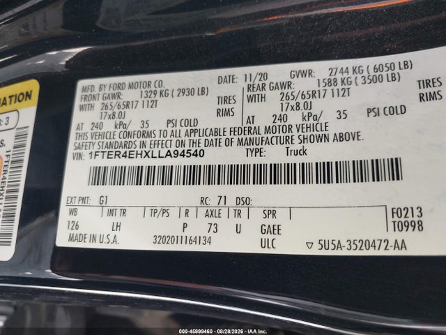 Aukcja sprzedaży 2020 Ford Ranger Xlt, vin: 1FTER4EHXLLA94540, numer aukcji: 45999460