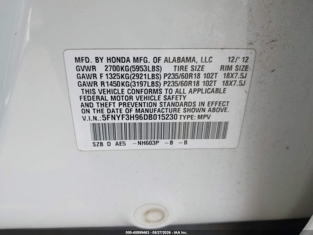 Aukcja sprzedaży 2013 Honda Pilot Touring, vin: 5FNYF3H96DB015230, numer aukcji: 45999463