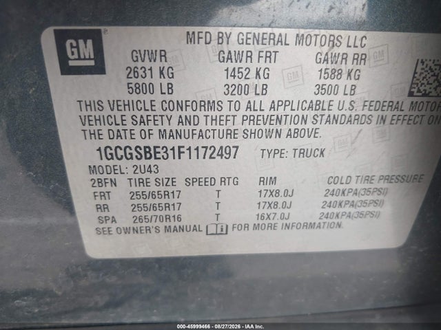 45999466 :رقم المزاد ، 1GCGSBE31F1172497 vin ، 2015 Chevrolet Colorado Lt مزاد بيع
