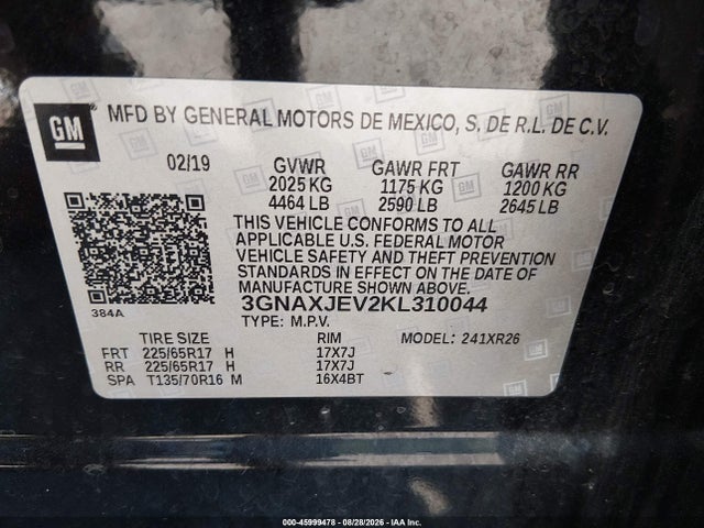 45999478 :رقم المزاد ، 3GNAXJEV2KL310044 vin ، 2019 Chevrolet Equinox Lt مزاد بيع