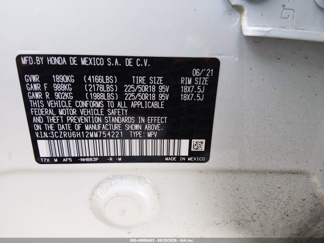 Aukcja sprzedaży 2021 Honda Hr-v Awd Sport, vin: 3CZRU6H12MM754221, numer aukcji: 45999483