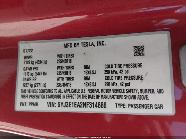 Aukcja sprzedaży 2022 Tesla Model 3 Rear-wheel Drive, vin: 5YJ3E1EA2NF314666, numer aukcji: 45999484