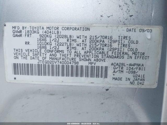 Aukcja sprzedaży 2004 Toyota Rav4, vin: JTEGD20V740004798, numer aukcji: 45999486