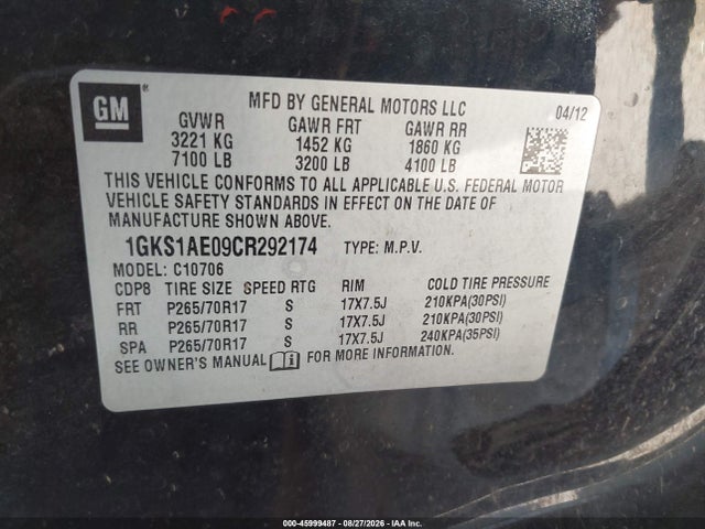 2012 Gmc Yukon Sle მანქანა იყიდება აუქციონზე, vin: 1GKS1AE09CR292174, აუქციონის ნომერი: 45999487