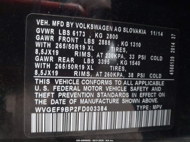 Продажа на аукционе авто 2015 Volkswagen Touareg V6 Lux, vin: WVGEF9BP2FD003384, номер лота: 45999489