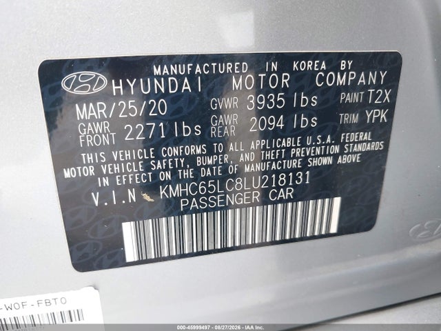 Продаж на аукціоні авто 2020 Hyundai Ioniq Hybrid Blue, vin: KMHC65LC8LU218131, номер лоту: 45999497