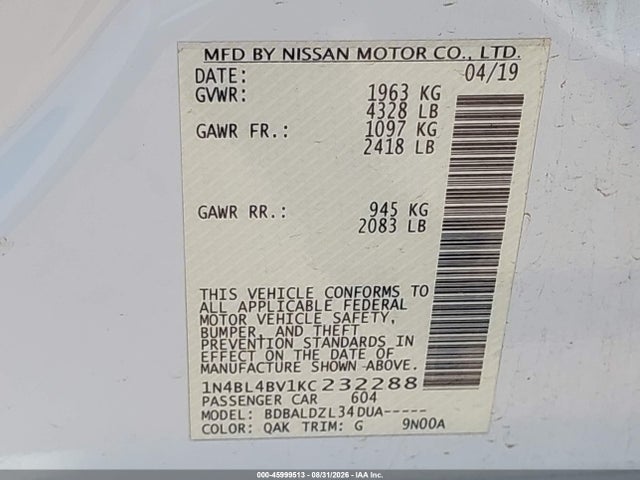 Nissan ALTIMA S 2019 1N4BL4BV1KC232288 Image 9