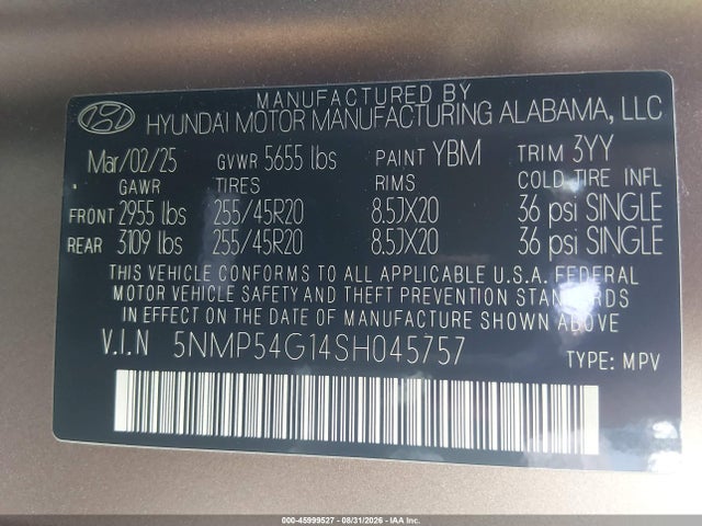 Продаж на аукціоні авто 2025 Hyundai Santa Fe Hybrid Calligraphy, vin: 5NMP54G14SH045757, номер лоту: 45999527