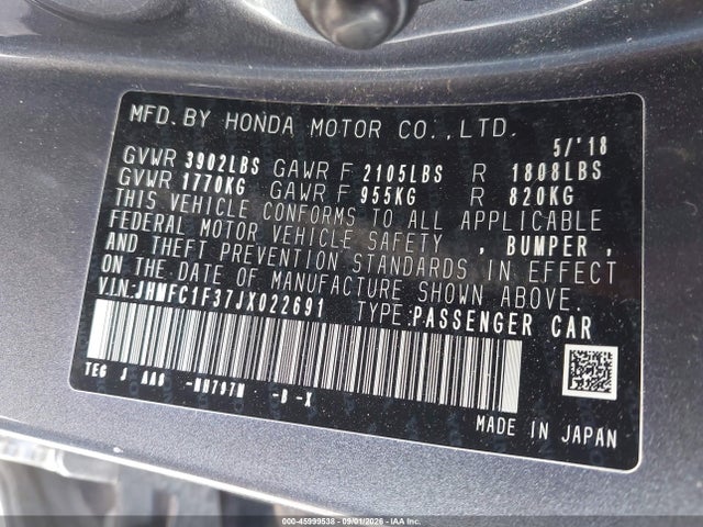 45999538 :رقم المزاد ، JHMFC1F37JX022691 vin ، 2018 Honda Civic Ex-t مزاد بيع