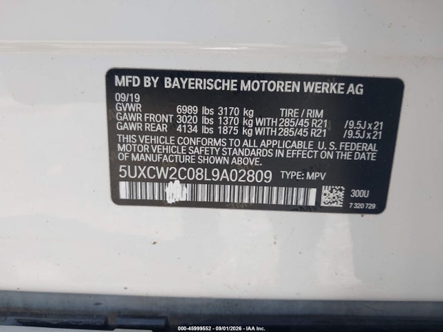 45999552 :رقم المزاد ، 5UXCW2C08L9A02809 vin ، 2020 Bmw X7 Xdrive40i مزاد بيع