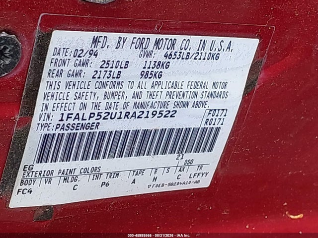 1994 Ford Taurus Gl მანქანა იყიდება აუქციონზე, vin: 1FALP52U1RA219522, აუქციონის ნომერი: 45999566