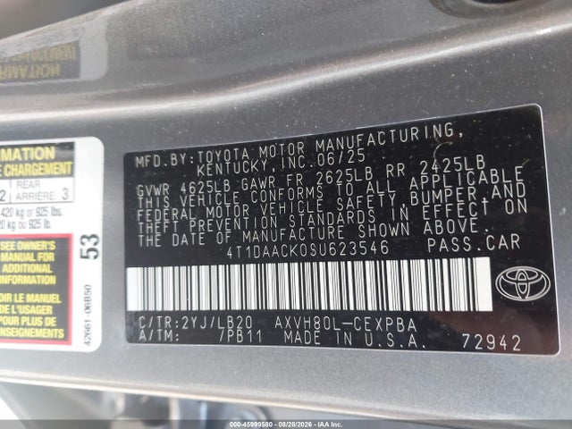 45999580 :رقم المزاد ، 4T1DAACK0SU623546 vin ، 2025 Toyota Camry Xse مزاد بيع