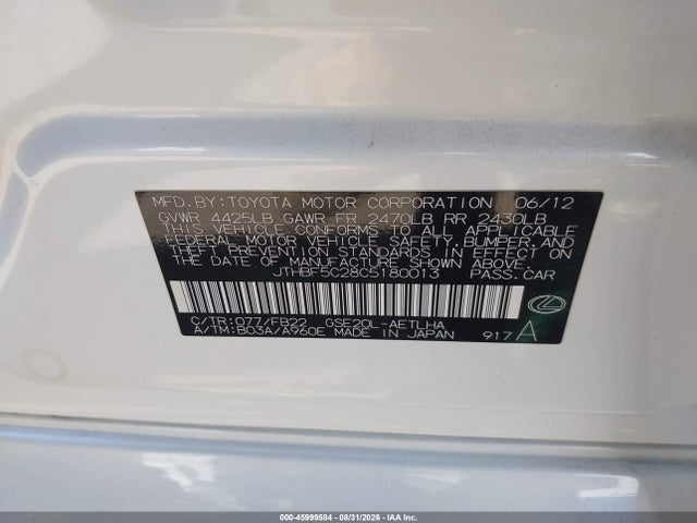 Aukcja sprzedaży 2012 Lexus Is 250, vin: JTHBF5C28C5180013, numer aukcji: 45999584