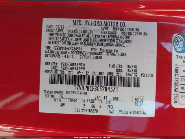 2012 Ford Mustang Gt Premium მანქანა იყიდება აუქციონზე, vin: 1ZVBP8CF3C5284571, აუქციონის ნომერი: 45999588