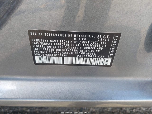 Продаж на аукціоні авто 2019 Volkswagen Jetta 1.4t R-line/1.4t S/1.4t Se, vin: 3VWC57BU3KM216994, номер лоту: 45999596
