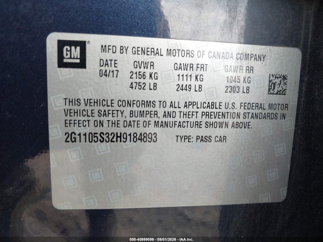 Aukcja sprzedaży 2017 Chevrolet Impala 1lt, vin: 2G1105S32H9184893, numer aukcji: 45999599