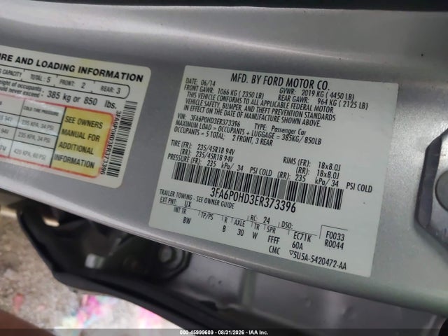 Aukcja sprzedaży 2014 Ford Fusion Se, vin: 3FA6P0HD3ER373396, numer aukcji: 45999609