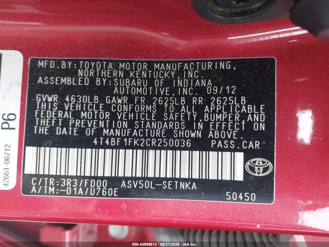 Aukcja sprzedaży 2012 Toyota Camry Le, vin: 4T4BF1FK2CR250036, numer aukcji: 45999613
