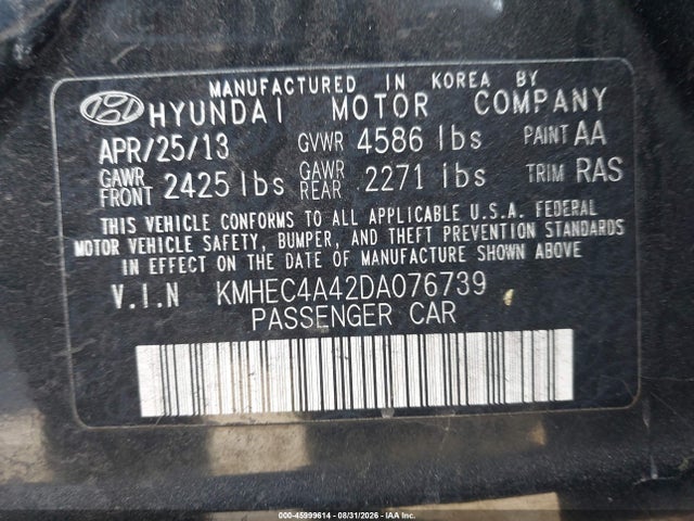 2013 Hyundai Sonata Hybrid Limited მანქანა იყიდება აუქციონზე, vin: KMHEC4A42DA076739, აუქციონის ნომერი: 45999614