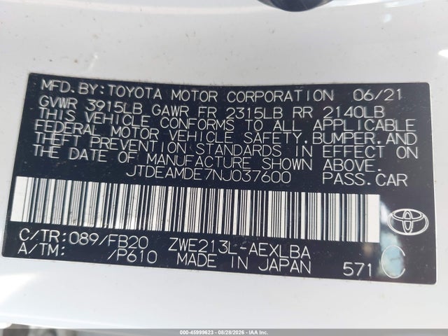 Aukcja sprzedaży 2022 Toyota Corolla Hybrid Le, vin: JTDEAMDE7NJ037600, numer aukcji: 45999623