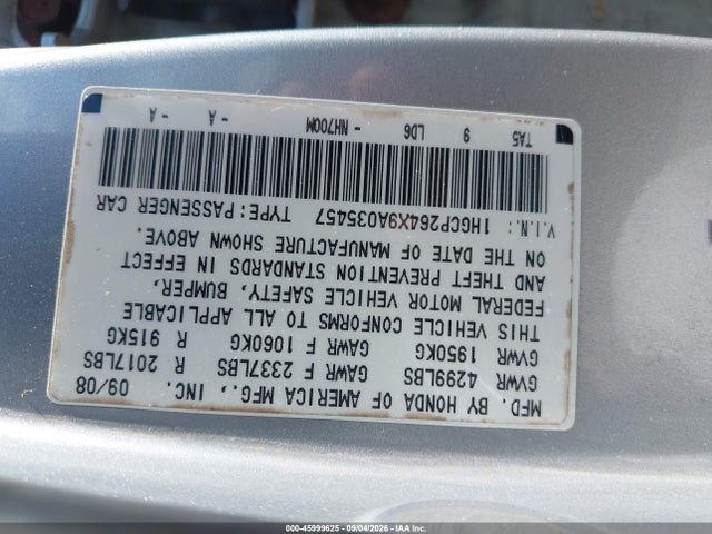 45999625 :رقم المزاد ، 1HGCP264X9A035457 vin ، 2009 Honda Accord Lxp مزاد بيع