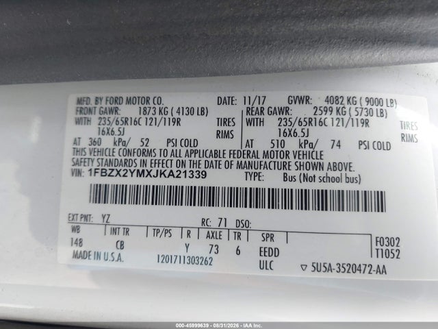 45999639 :رقم المزاد ، 1FBZX2YMXJKA21339 vin ، 2018 Ford Transit-350 Xlt مزاد بيع